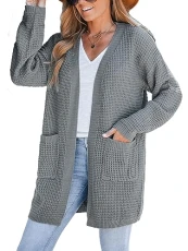 Women Cardigans Sweater Knit V Neck Sweater Casual Tops Long Sleeves Long Jumper Grey M