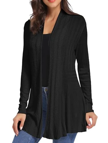 Women Casual Cardigan Knitted Open Front Long Sleeve Mid-Length Warm Cardigan Sweater, Black, M