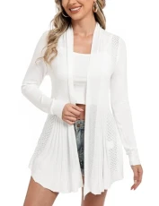 Women Casual Cardigan Knitted Open Front Long Sleeve Mid-Length Warm Cardigan Sweater, Style 2 : White, M