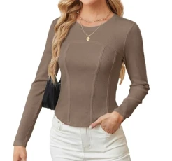 Women Casual Crop Top Elastic Slim Fit Long Sleeve Fall Fashion Top Crew Neck Tops Brown XL Women Casual Crop Top Elastic Slim Fit Long Sleeve Fall Fashion Top Crew Neck Tops Brown XL