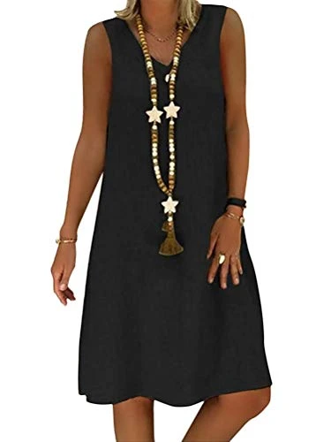 Women Casual Dress Boho V Neck Summer Short Sleeve Midi Dress Chic Vintage Sundress Solid Color Loose Linen Dress Without Accessories D Black 20
