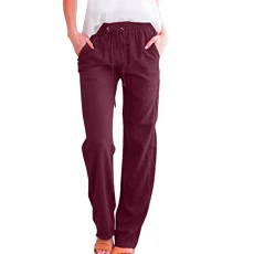 Women Casual Elastic High Waist Cotton Straight Leg Drawstring Work Trousers, Wine Red, M