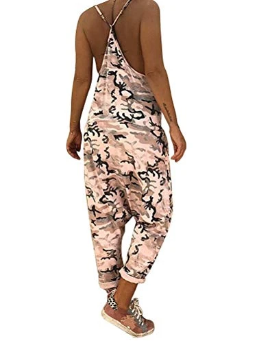 Women Casual Jumpsuit Camouflage Loose Overall Strap Sleeveless Long Playsuit Trousers Pants Pockets Baggy Dungarees Pink 18