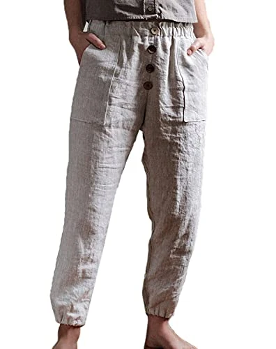 Women Casual Linen Trousers Solid Color Casual Loose Linen Pants Light Apricot