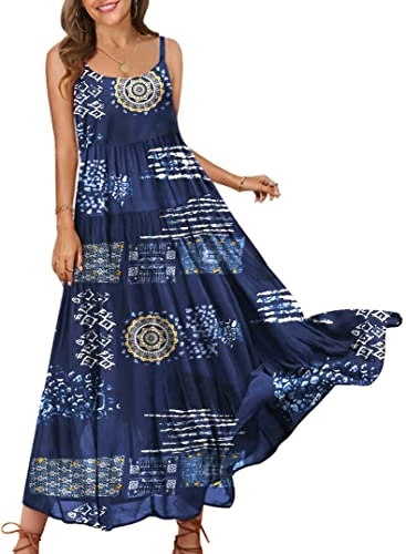 Women Casual Loose Bohemian Floral Print Dresses Spaghetti Strap Long Summer Beach Swing Maxi Dress/Pockets M E75UK CR176