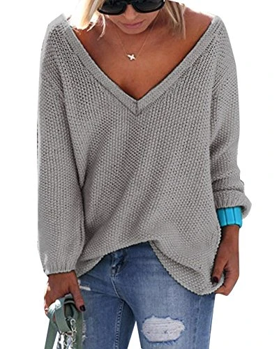 Women Casual Loose V Neck Long Sleeve Loose Sweater Light Gray S