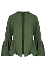 Women Casual Open Front Peplum Frill Bell Sleeve Blazer Coat Cardigan Top Khaki