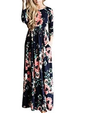 Women Casual Round Neck Long Sleeve Wrap Waist Floral Print Long Maxi Party Beach Dress Navy UK 12