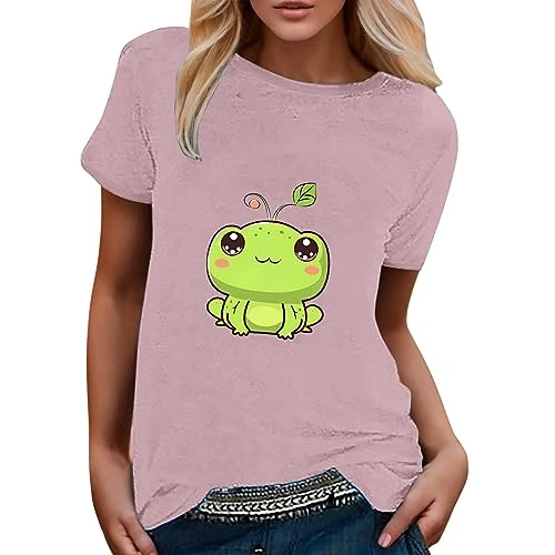 Women Casual Short Sleeve Tunic Top Frog Print Crew Neck Short Sleeve T Shirt Dress Women Summer, pink, M