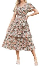 Women Casual Strappy Floral Maxi Dresses Floral Smocked Tiered Dress V Neck Chiffon Form