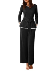 Women Casual Textured 2pcs Set Outfits Long Sleeve Round Neck Tops Wide Leg Pants Black L