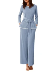 Women Casual Textured 2pcs Set Outfits Long Sleeve Round Neck Tops Wide Leg Pants Light Blue L Women Casual Textured 2pcs Set Outfits Long Sleeve Round Neck Tops Wide Leg Pants Light Blue L