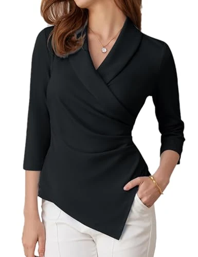 Women Casual V Neck Pleated Tunic Tops Pleated Shirts Blouse 3/4 Sleeve Formal Work Ladies Office Shirt M Black