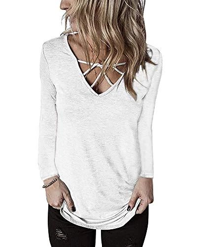 Women Casual V Neck Pleated Tunic Tops Shirts Blouse D White 18