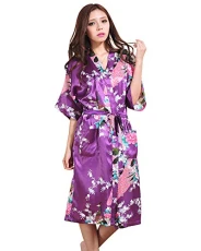 Women Casual Vintage Retro Soft Cosy Towelling Robe Housecoat Kimono Satin Nightwear Mini Dress DarkPurple 2XL