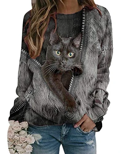 Women Cat Print Pullover Casual Sweatshirts Long Sleeve Round Neck Loose T Shirts Jumper Blouse Tuni