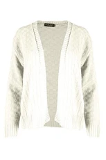 Women Checker Board Knit Long Sleeve Open Front Shrug Bolero Cardigan Top Plus Size (UK 16/18) Cream