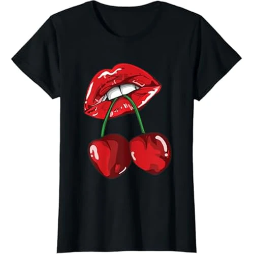 Women Cherry Lips Printed Baggy Short Sleeve T-Shirt Top Red Lips Bite Cherry 80s Trendy Design Black 8-10