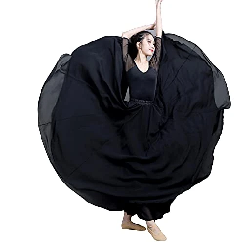 Women Chiffon Long Belly Dance Full Circle Dance Skirt Elastic Waist Ballroom Flamenco Dance Dress Outfit Maxi Full Long Swing Skirt,Black,S