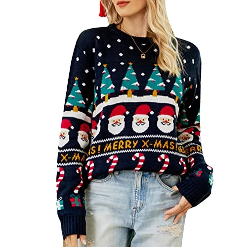 Women Christmas Jumper Knitted Long Sleeve Crew Neck Pullover Reindeer Christmas Top Xmas Sweater Vintage Knitwear Holiday Christmas Day Outfit (Navy-Santa, M)