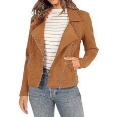 Women Classic Moto Biker Jacket Ladies Fashion Motorcycle Solid Color Zipper Pocket Short Coat Casual Jacket Western Womens Jacket