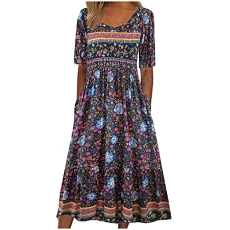Women Clothing Sale Summer Dresses Women UK Clearance Elegant Sexy Round Neck Short Sleeve Pockets Dress Casual Floral Print Dress Loose Special Occasions Dresses Wedding Guest Dresses