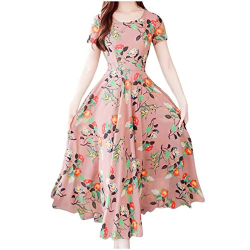 Women Clothing with Sleeves Print Fashion Short Summer Middle Calf Beach Women Dress Wrap Dress Ladies Summer, pink, XXL