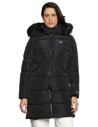 Women Coat Faux Fur Hooded Fitted Long Winter, Black (Ck Black), XXL