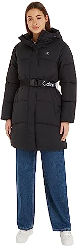 Women Coat Logo Belt Long Puffer Winter, Black (Ck Black), XL