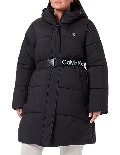 Women Coat Plus Logo Belt Long Puffer Winter, Black (Ck Black), XL