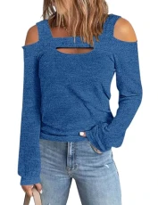 Women Cold Shoulder Tops Long Sleeve Shirts Square Neck Blouse Shirts, 1 blue, XL