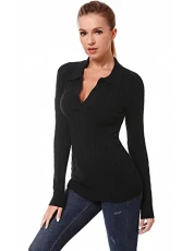 Women Collar V Neck Cable Knit Long Sleeve Pullover Sweater, Black, Medium