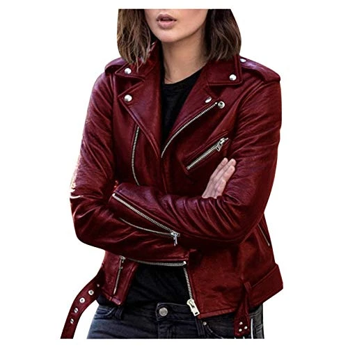 Women Cool Faux Leather Jacket Long Sleeve Zipper Fitted Coat Fall Short Jacket Zip up Fleece Jacket