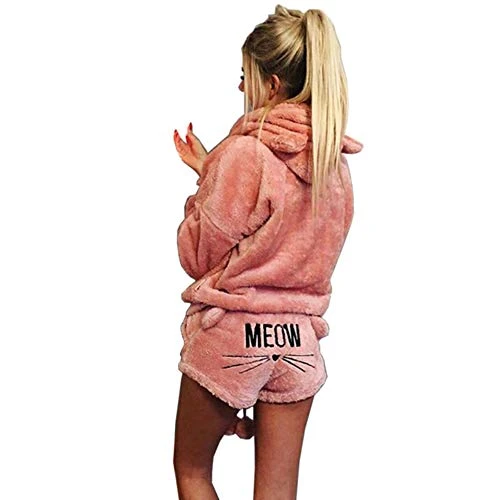 Women Coral fleece Suit Pajamas Cute Cat Pattern Hoodies Shorts sets