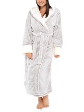 Women Cosy Soft Nightwear Dressing Gown Hooded Bathrobe Ladies Warm Fluffy Fleece Robe with Pockets Loungewear B Grey 22