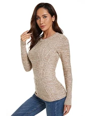 Women Cotton Blend Crewneck Long Sleeve Cable Knit Sweater, Heather Tan, Small
