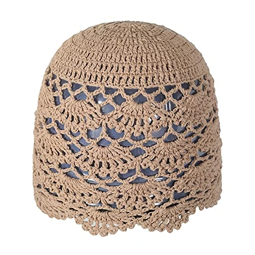 Women Cotton Crochet Skull Cap Handmade Knit Cutout Floral Beanie Hat (Solid Khaki),One Size