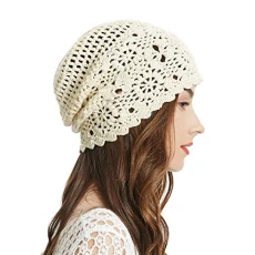 Women Cotton Crochet Slouchy Beanie Hat Handmade Knit Cutout Summer Floral Skull Cap (Solid Beige)