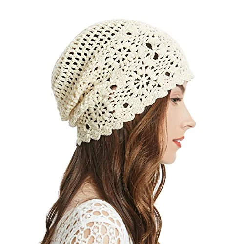 Women Cotton Crochet Slouchy Beanie Hat Handmade Knit Cutout Summer Floral Skull Cap (Solid Beige)