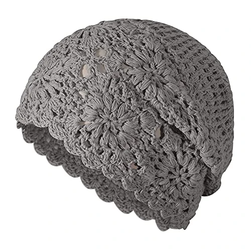 Women Cotton Crochet Slouchy Beanie Hat Handmade Knit Cutout Summer Floral Skull Cap (Solid Gray)