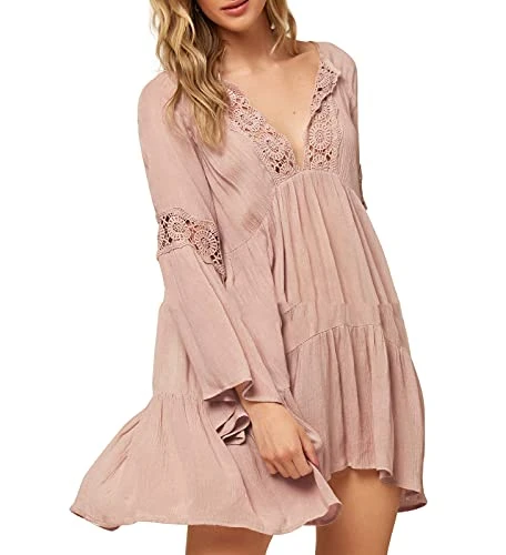 Women Cotton Mini Dress Vintage Elegant Pleated Dresses Sexy V Neck Long Sleeve Casual Dresses Summer Wrap Dress Pink