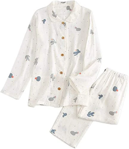 Women Cotton Pajama Set Button Down Sleepwear Loungewear (XL, Beige)