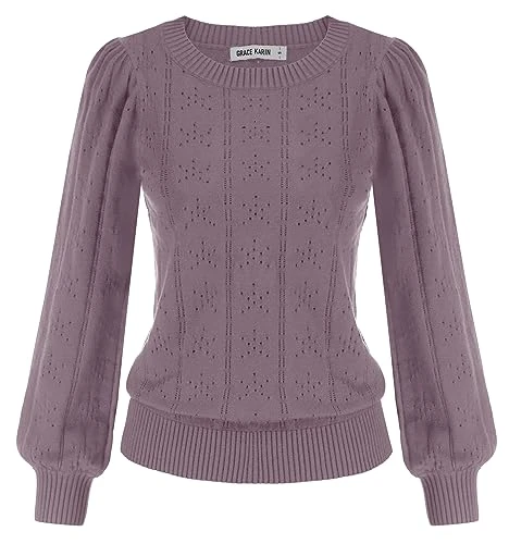 Women Crew Neck Long Sleeve Jumper Soft Elastic Sweater Daily Office Pullover Light Purple S
