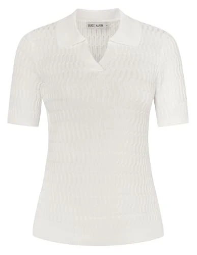 Women Crochet Short Sleeve Polo Sweater Tops Lightweight Summer V Neck Soft Knit Pullover Shirt Off WhiteXXL
