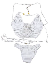 Women Crochet Tankini Halter Neck Push Up Swimwear Bikini Set Knitted Swimsuit Swimwear White