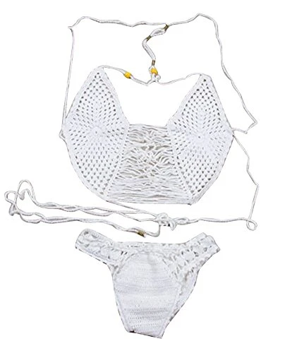 Women Crochet Tankini Halter Neck Push Up Swimwear Bikini Set Knitted Swimsuit Swimwear White
