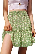 Women Cute Boho Flower Print Ruffle Flared A-Line Pleated High Waist Mini Skirt Green
