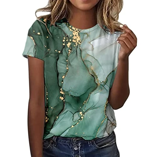 Women Cute Graphic Print Crew Neck T-Shirt Womens Spring Summer Flower Printed Short Sleeve O Neck T Shirt Top Short Sleeve Shirts for Woman Green