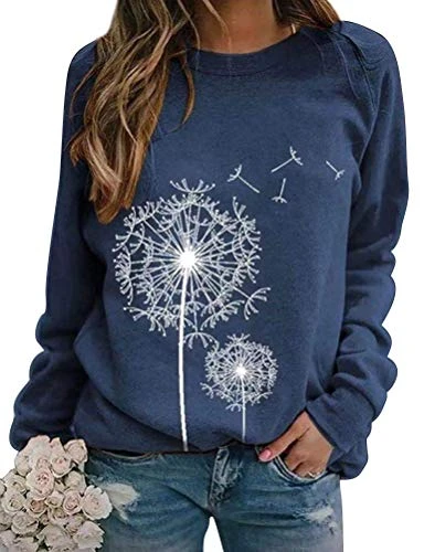 Women Dandelion Print Sweatshirt Crew Neck Long Sleeve Tops Basic Jumper Tunic Blouse Shirts