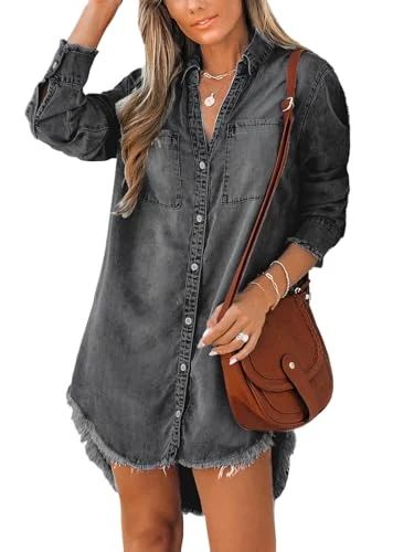 Women Denim Shirt Mini Tunic Dress Casual Oversized Autumn Long Sleeve Frayed Hem Tops Blouse with P